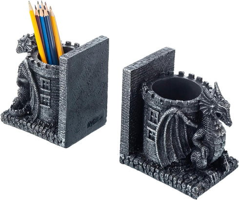 MyGift Black Resin Dragon Decorative Bookends, Heavy Books with Pencil Holder for Desk, Office Supplies Fantasy Dragons