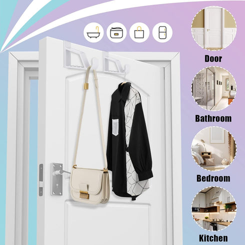 Maitys Space Saving Plastic Over Door Hooks - Multi Hanging Storage Organizers (White, 8 Pieces)