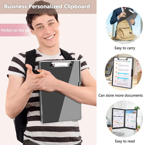 Clipboard with Storage, Heavy Duty Clip Boards 8.5x11 with 2 Storage Cases, Clear Visible Top Panel, Side Opening Clip