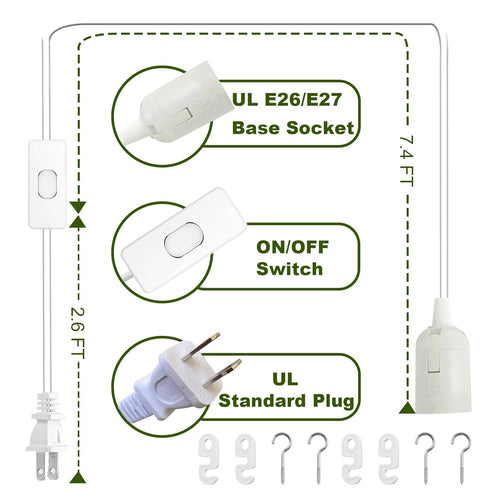 Bulb 10Ft E26/E27 1 Pack Light Socket with Cord - Plug in Pendant Light Cord Hanging Lamp Socket with On/Off Switch, UL