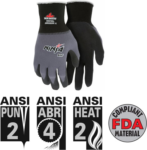 MCR Safety N96790XL Ninja BNF Work Gloves - 15 Gauge Nylon/Spandex Shell, NFT Coated Palm & Fingertips, Black/Grey, XL