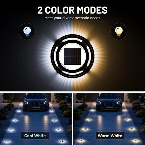 4 Pack 2 IP68 Solar Driveway Lights, Heavy Duty Driveway Lights Solar Powered Color Mode (Cool/Warm White) Waterproof