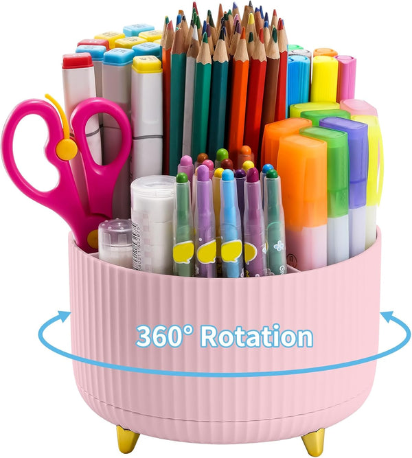 Marbrasse Desk Organizer, 360-Degree Rotating Pen Holder with 5 Compartments for Office Home Accessories (Pink)