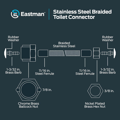 Eastman 16 Inch Flexible Toilet Connector, Stainless Steel Braided Hose for Plumbing