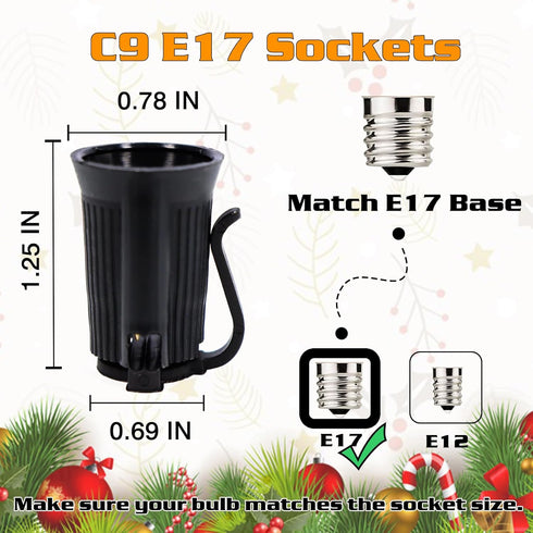 50FT C9 E17 12" C9 Set Light String Christmas Stringer, Light Sockets Spacing, Stringer Black Outdoor String Light