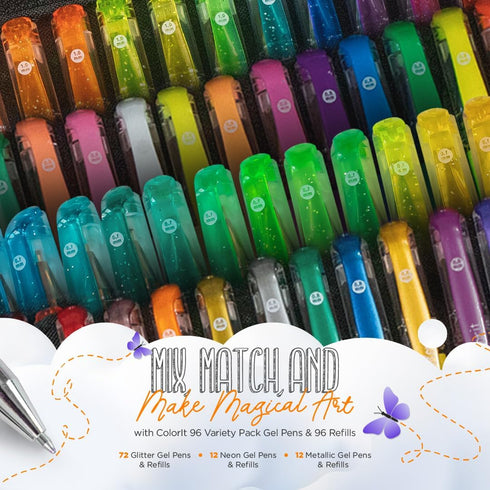 Set 192 Pack 12 12 72 96 2 ColorIt Gel Pens for Coloring with Metallic, Neon, Glitter Gel Pens - Refills & Travel Cases