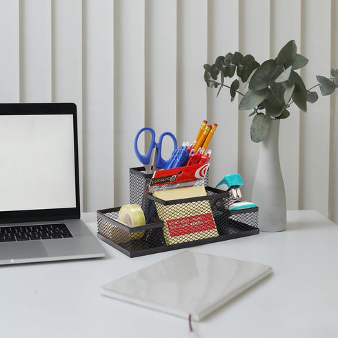 Ludato Black Mesh Desk Organizers Pen Holder, 4 Compartments Storage for Office Desk Accessories