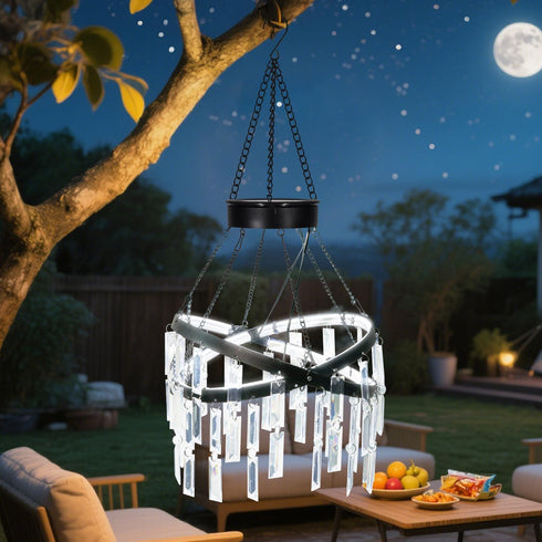 5ft 1 Solar Hanging Crystal Chandelier Outdoor Garden Decorative Lights Bright White LED Strip Waterproof Hanging