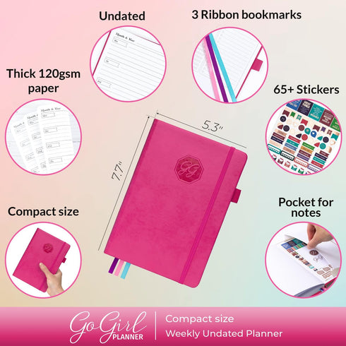 GoGirl Planner and Organizer for Women – Compact Weekly Planner, Goals Journal & Agenda, Hot Pink