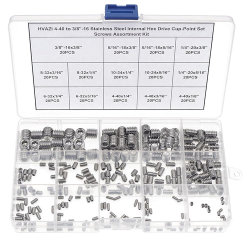 4-40 to 3/8"-16 Stainless Steel Internal Hex Drive Cup-Point Set Screws Assortment Kit