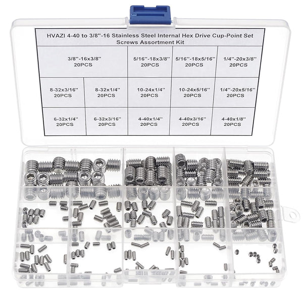 4-40 to 3/8"-16 Stainless Steel Internal Hex Drive Cup-Point Set Screws Assortment Kit
