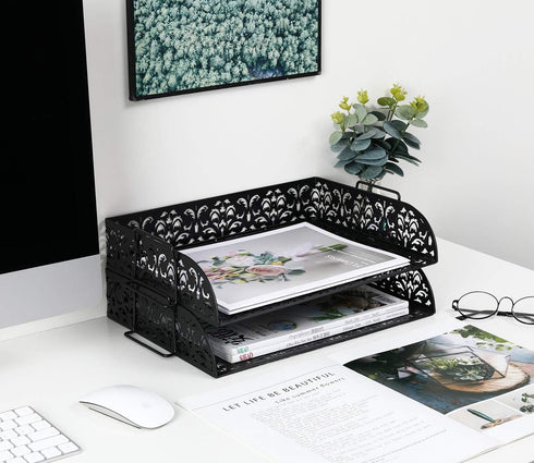 EasyPAG Stackable Letter Tray Organizer - 2 Tiers, A4 Paper Sorter, Mesh File Paper Tray, Black