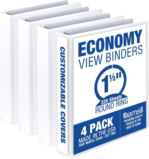 Samsill Economy 1.5 Inch 3 Ring Binder, Made in The USA, Round Ring, Customizable Clear View Cover, White, 4 Pack