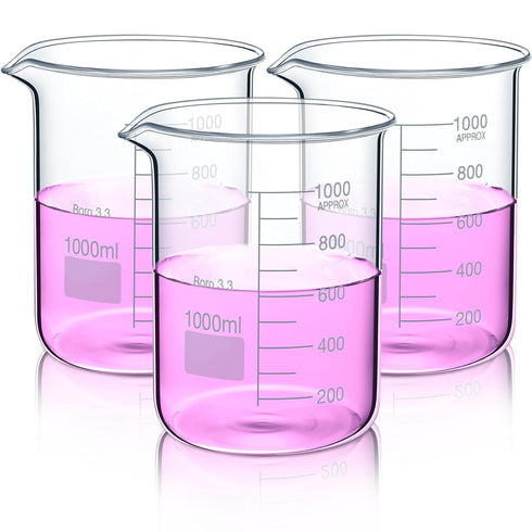 3 Pcs 1000ml Beaker, 3.3 Borosilicate Glass Griffin Low Form Measuring Cups for Laboratory and Daily Use