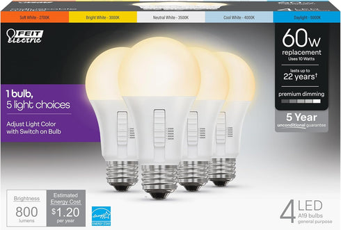Feit Electric A19 LED Light Bulb, 60W Equivalent, 5CCT, Dimmable, E26 Base, 800 Lumens, 4 Pack