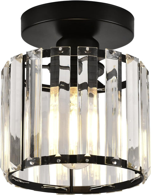 Crystal Ceiling Light Fixture, Modern Semi Flush Mount Chandelier, Black Close to Ceiling Lamp for Hallway, Kitchen