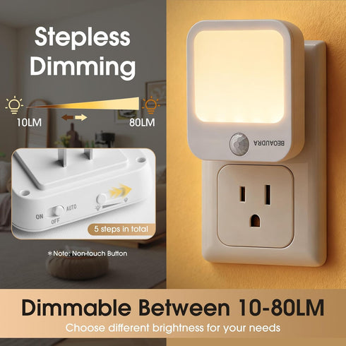 BEOAUDRA Dimmable 2 Pack Motion Sensor Night Light Plug in, Warm White Motion Activated LED Night Lights for Bedroom