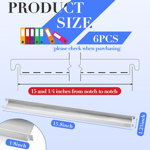 Lateral Front to Back File Bar Rails, Stainless Steel Filing Cabinet Parts, 15.76 Inches Long, 6 Pieces