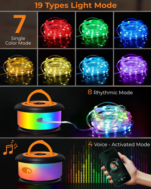 32.8ft Camping String Lights, Retractable RGB Flash Lamp, Rechargeable LED Fairy Lights Outdoor Waterproof, Portable