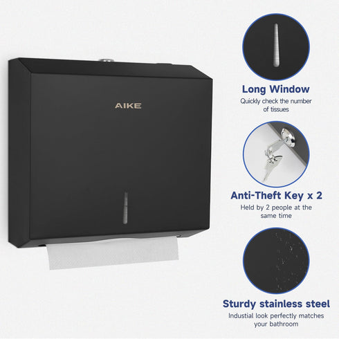 250 AK5180 10.6"x3.9") AIKE Sheets Compact Multifold Wall Mount Paper Towel Dispenser,Stainless Steel Black (Max Folded