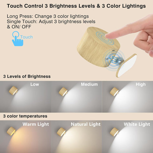 3 3 360 1 Pack AKSDA Battery Operated Wall Light, LED Wall Sconce with Color Modes, Brightness Levels, Rotation, Touch