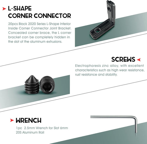 20pcs Black 2020 Series L-Shape Interior Inside Corner Connector Joint Bracket with Screws + 1pcs Wrench for Slot 6mm 20S Aluminum Rail Accessories
