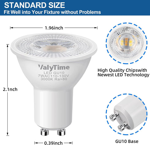 GU10 LED Light Bulbs, 7W Warm White 3000K, 50W-60W-75W Equivalent, Non-Dimmable, 650Lm for Track Spot Lighting, 6 Pack