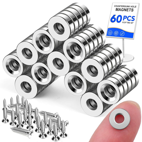 LOVIMAG 60 Pack Small Rare Earth Magnets, Round Magnets with Countersunk Hole and Screws, 0.31x0.12inch for Office