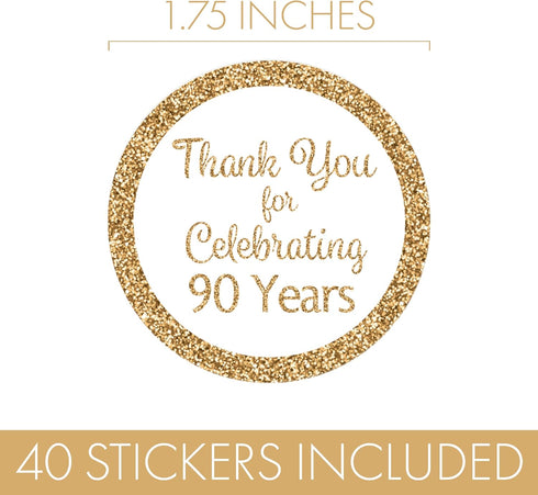 White and Gold 90th Birthday Thank You Stickers, 1.75 in - 40 Labels, 90th Birthday Decorations