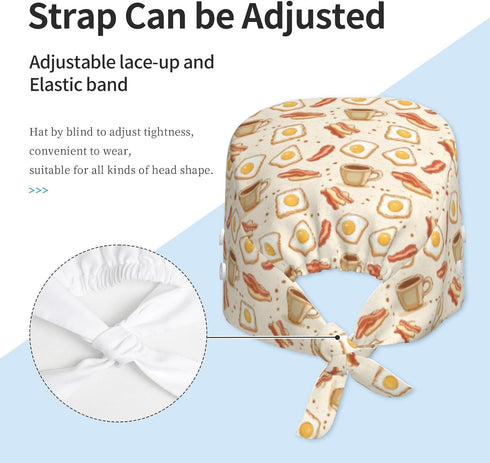 Nurse Scrub Cap Men Women with Buttons - Bacon Coffee Egg Print Soft Comfy Surgical Cap, Adjustable Tie Back Scrub