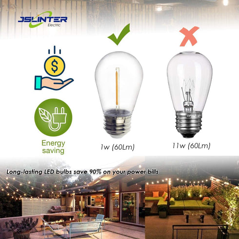 Jslinter S14 1W Outdoor String Lights Bulbs, Shatterproof & Waterproof, 2200K Warm White, 11W Equivalent, E26 Base