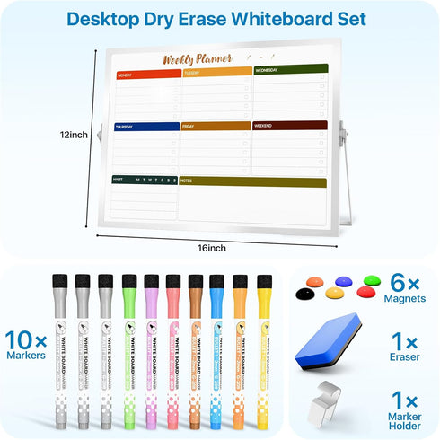 Double-Sided Dry Erase White Board with Stand, 12x16 inch Weekly Schedule Board for Planning with 10 Markers