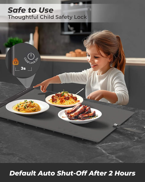 4 Settings, 350W, 120V(AC), Food Warming Mat with Dual Heating Zones, Temp Silicone Easy-Clean, Auto Shut-Off, Timer