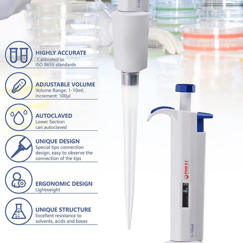 10mL Micropipette, 1-10mL Lab Single Channel Micro Pipettes, Adjustable Volume for Laboratory Use