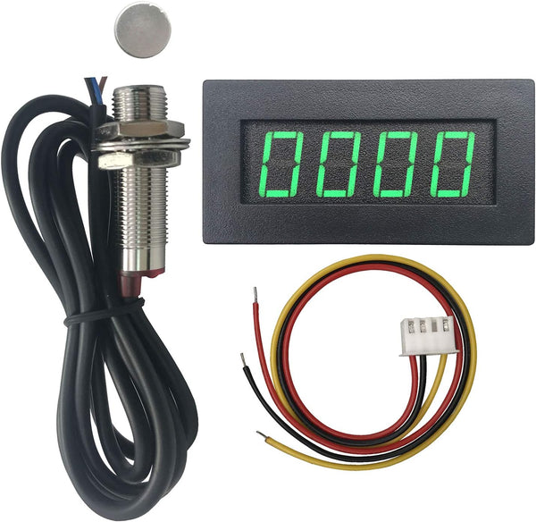 DIGITEN 4 Digital Green LED Tachometer RPM Speed Meter with Hall Proximity Switch Magnet Sensor for Lathe