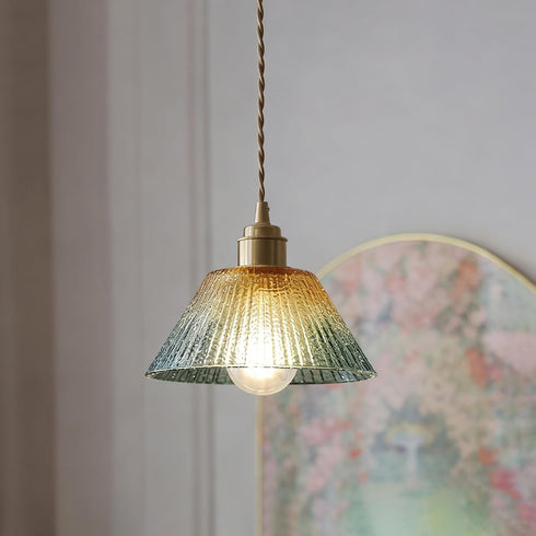 YJQHXY Amber-Green Stained Glass Cone Pendant Light, Fluted Shade, E26 Brass Socket with