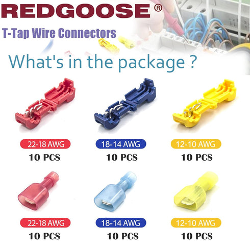 60PCS T Tap Wire Connectors, 22-10 AWG Quick Splice Wire Connectors(22-18AWG Red 10Pairs, 18-14AWG Blue 10Pairs, 12-10AWG Yellow 10Pairs)