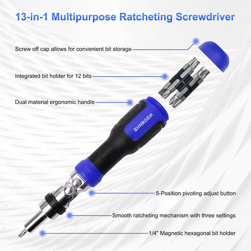 SHARDEN Ratchet Screwdriver, 13-in-1 Multi Tool Set with Phillips, Flat Head, Torx, Hex, Adjustable Angle