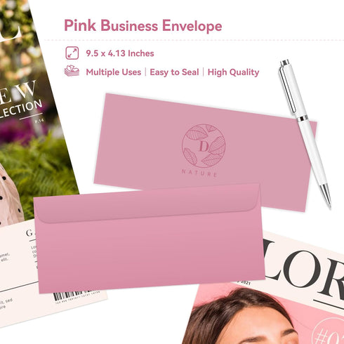 Business Envelopes, 200-Pack #10 Pink Envelopes - Standard Square Flap, Gummed Seal, Perfect for Mailing, Crafts