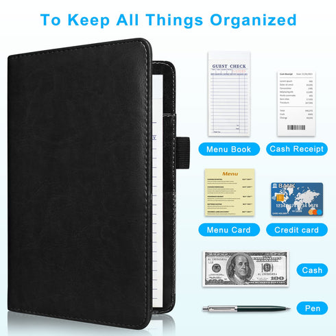 ACdream Server Books for Waitress - Cute Pocket Leather Money Organizer Wallet, Cash Check Bill Receipt Holder, Black