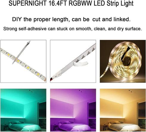 IP65 3500K 16.4ft 300leds 5050 SUPERNIGHT RGBWW LED Strip Light Waterproof RGB Color Changing Rope Lighting with Warm