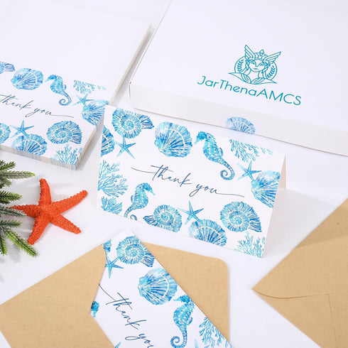 50 Packs Summer 4 6 Inch JarThenaAMCS Ocean Thank You Cards Greeting Cards Blue Under The Sea Seashell Seahorse Blank