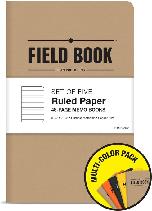 Elan Publishing Company, Field Notebook/Pocket Journal - 3.5"x5.5" - Combination of Kraft, Black, Orange, Yellow - Lined Memo Book - Pack of 5 by Elan Publishing Company