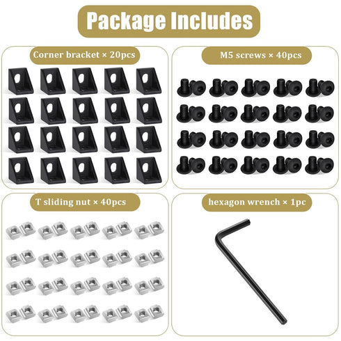 20 Set Black 2020 Series Aluminum Profile Connector Kit, 20pcs Corner Brackets with 40pcs Screws
