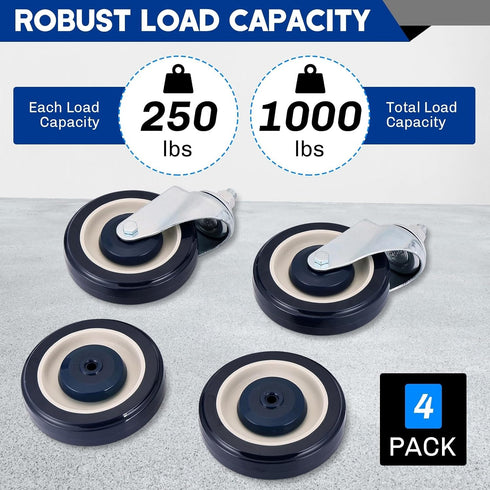 4 Pack 5" 2 Stemless 2 Shopping Cart Replacement Wheels Kit | Casters & Stem Threaded Casters Wheels with Hardware