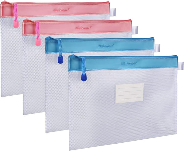Wisdompro Zipper Pouch, 4 Packs Durable Letter Size Waterproof Mesh File Bag, Document Organizer - Pink/Blue