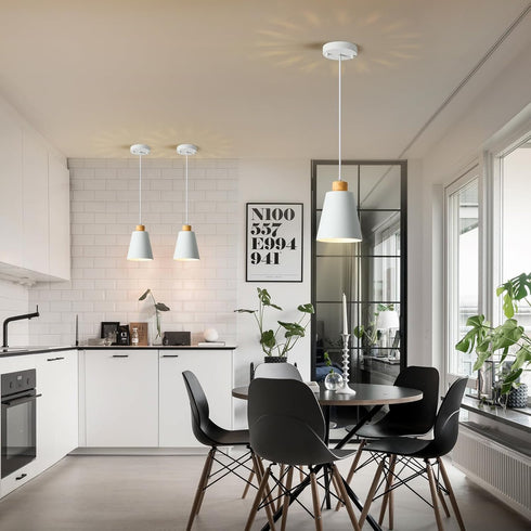 7.87in Counter, Mini Pendant Light Fixtures White Wood Pendant Lighting for Kitchen Island Cone Modern Ceiling Hanging