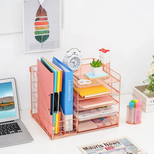 Marbrasse Rose Gold Desk Organizer with 5-Tier Paper Letter Tray, Drawer and 2 Pen Holder