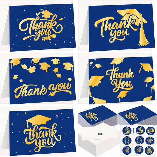 Dunzoom 120 Sets 2026 Graduation Thank You Cards Bulk Blue Gold Foil Blank
