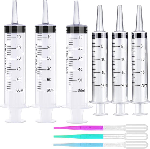 6 Pack Syringe Without Needle (60ml and 20ml), Large Plastic Syringes for TKB Lip Gloss Base, Scientific Labs